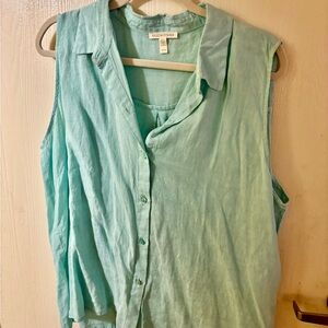 Eileen Fisher Sleeveless Linen Button-Down Top in Aqua XL